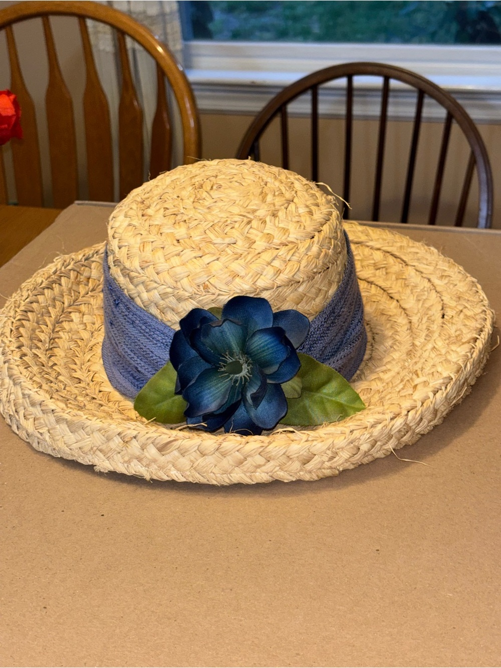 Straw Sun Hat with Blue Band and Blue Flower